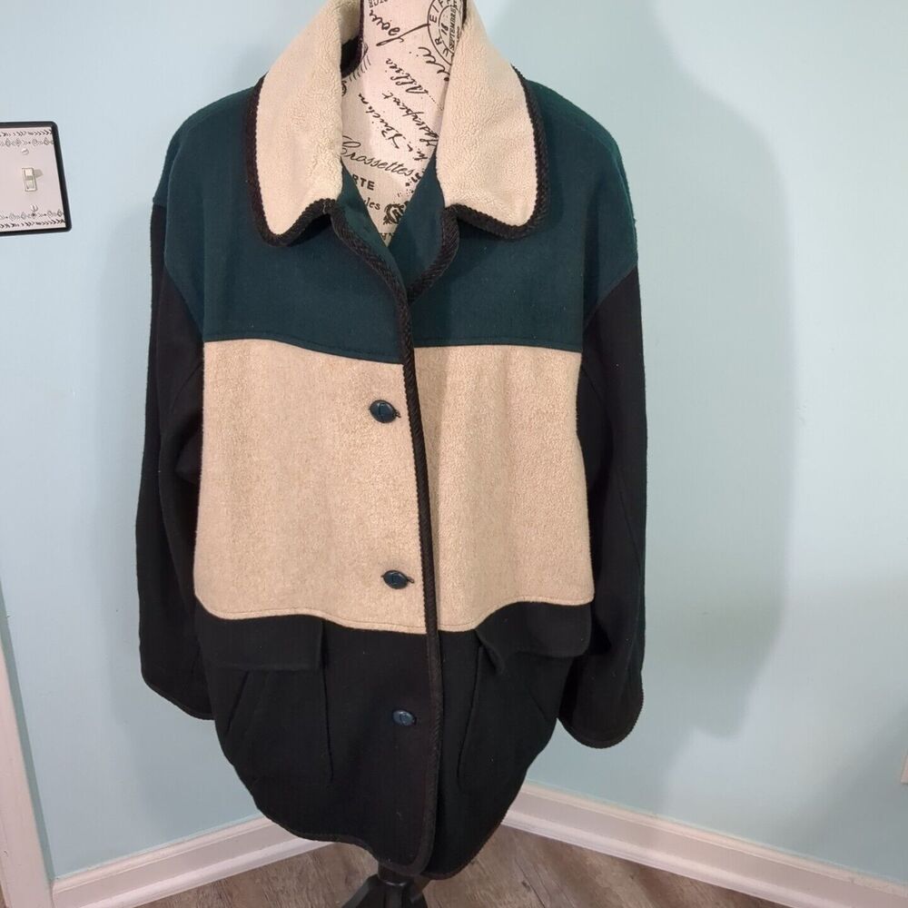 Herman Kay Color Block Wool Sherpa Trim Coat Jacket 18-20 vintage